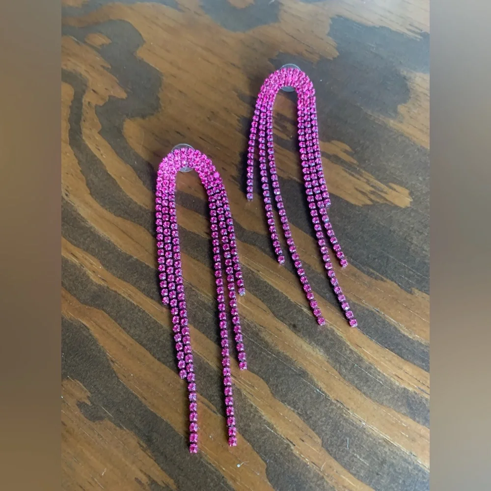 Pink Rhinestone Drop Earrings - Picture 1 of 4
